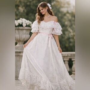 Vintage Dance Allure Prairie Lace Floral Dress Cottagecore Alfred Angelo Train